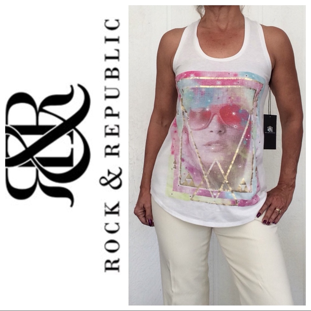 ROCK & REPUBLIC GRAPHIC EMBELLISHED RACERBACK TANK TOP XS/SMALL NWT